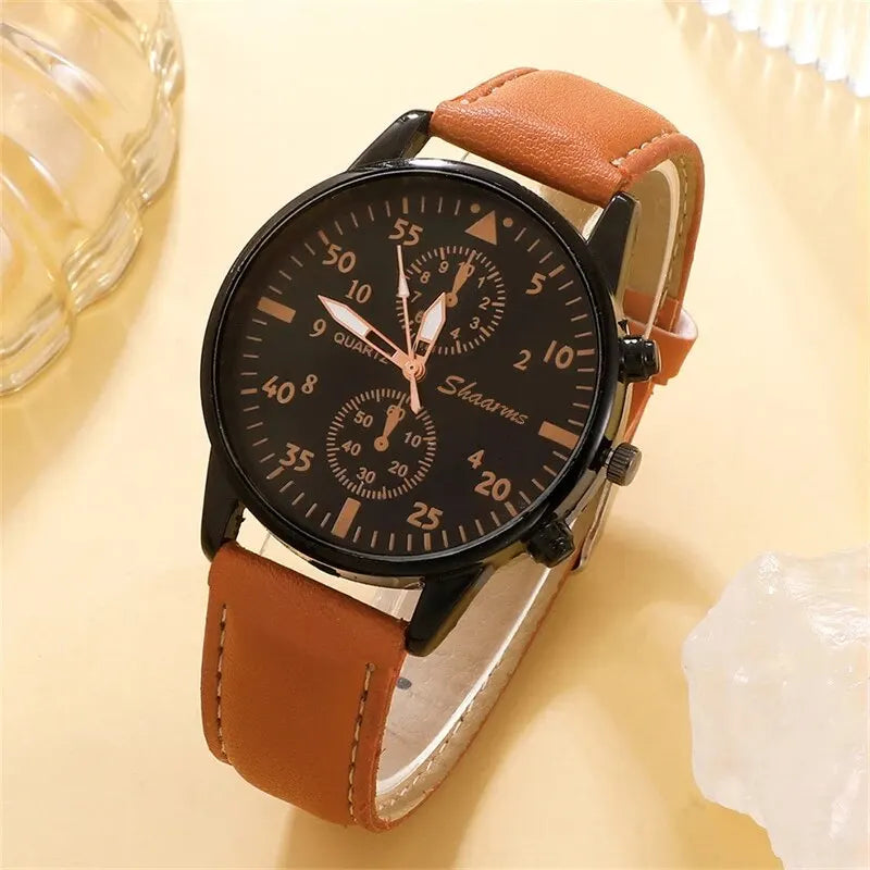 Kit Presente Masculino - 4pcs: 1 Relógio Quartzo + 3 Pulseiras de Couro/Couro Trançado - BOLDMAN