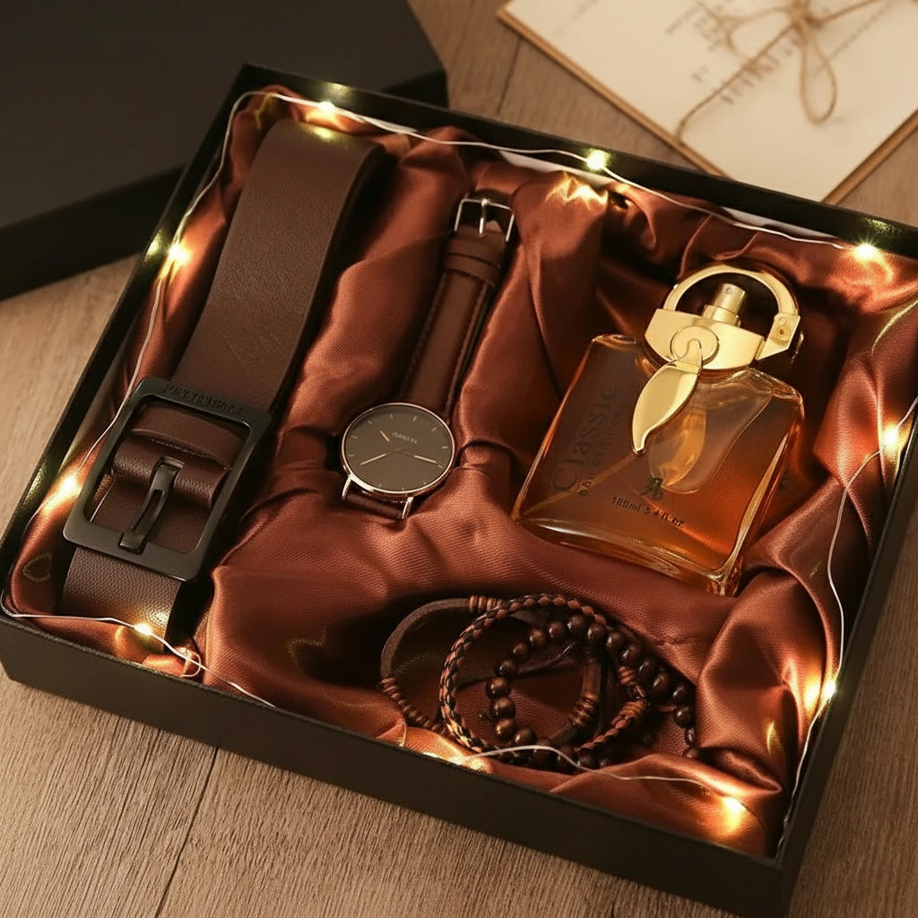 Kit Presente Masculino - 8pcs: 1 Relógio Quartzo + 7 Acessórios Exclusivos