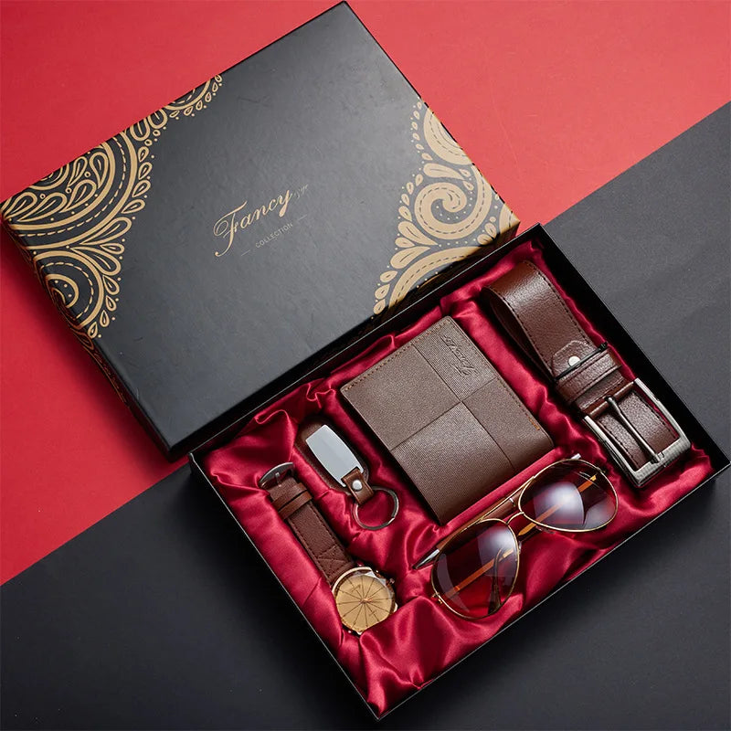 Kit Presente Masculino - 6pcs: 1 Relógio + 1 Cinto + 1 Carteira + 1 Óculos + 1 Chaveiro + 1 Caneta