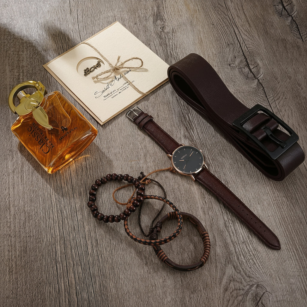 Kit Presente Masculino - 8pcs: 1 Relógio Quartzo + 7 Acessórios Exclusivos