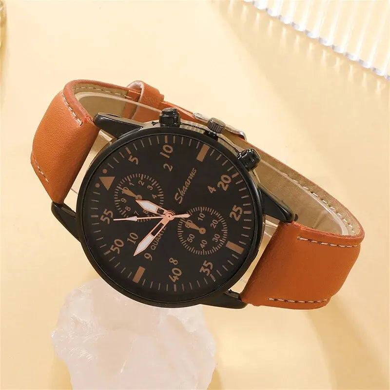 Kit Presente Masculino - 4pcs: 1 Relógio Quartzo + 3 Pulseiras de Couro/Couro Trançado - BOLDMAN