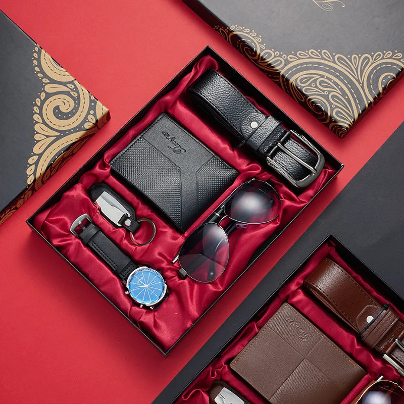 Kit Presente Masculino - 6pcs: 1 Relógio + 1 Cinto + 1 Carteira + 1 Óculos + 1 Chaveiro + 1 Caneta