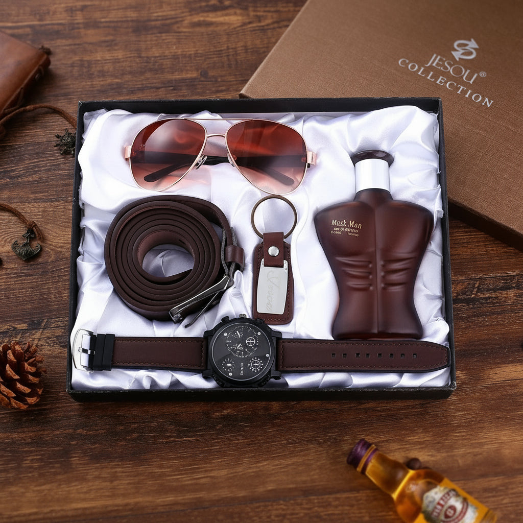 Kit Presente Masculino - 5pcs: 1 Relógio Quartzo + 1 Cinto + 1 Perfume + 1 Óculos + 1 Chaveiro