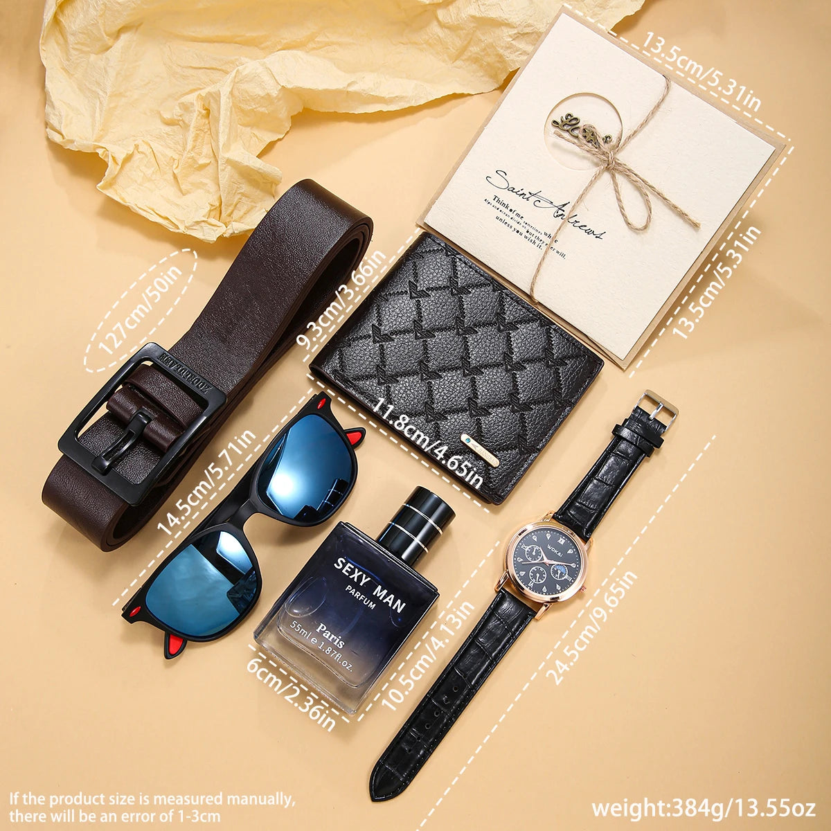 Presente de Natal BOLDMAN: Kit Masculino de Luxo de 5 Peças - Perfume + Relógio + Cinto + Carteira + Óculos