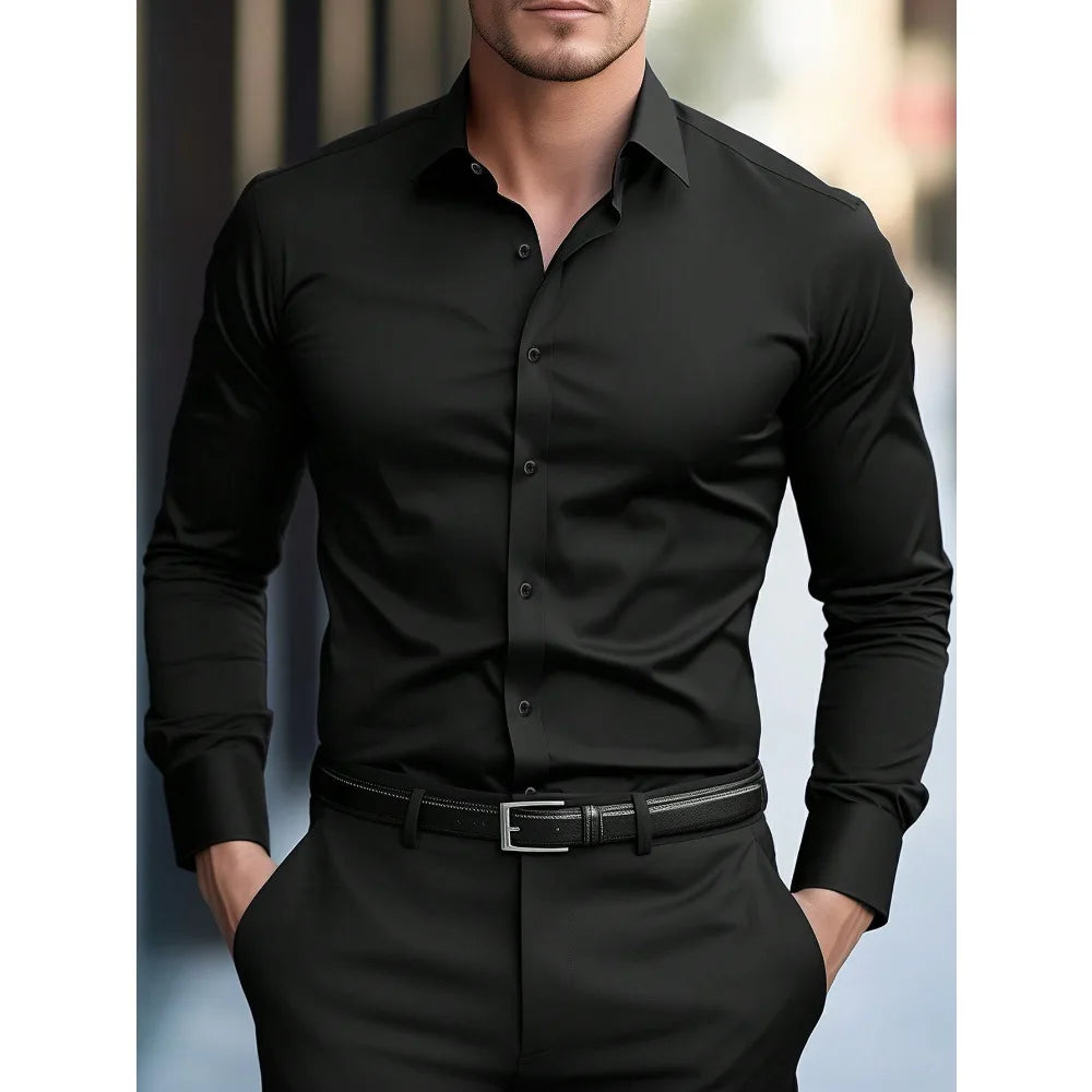 Camisa Masculina 2025 Slim Fit Elegante Cor Sólida – BOLDMAN
