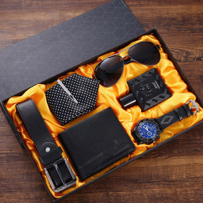 Kit Presente Masculino - 6pcs: 1 Relógio + 1 Óculos + 1 Cinto + 1 Carteira + 1 Perfume + 1 Gravata - BOLDMAN