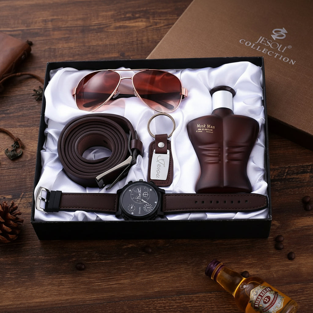 Kit Presente Masculino - 5pcs: 1 Relógio Quartzo + 1 Cinto + 1 Perfume + 1 Óculos + 1 Chaveiro