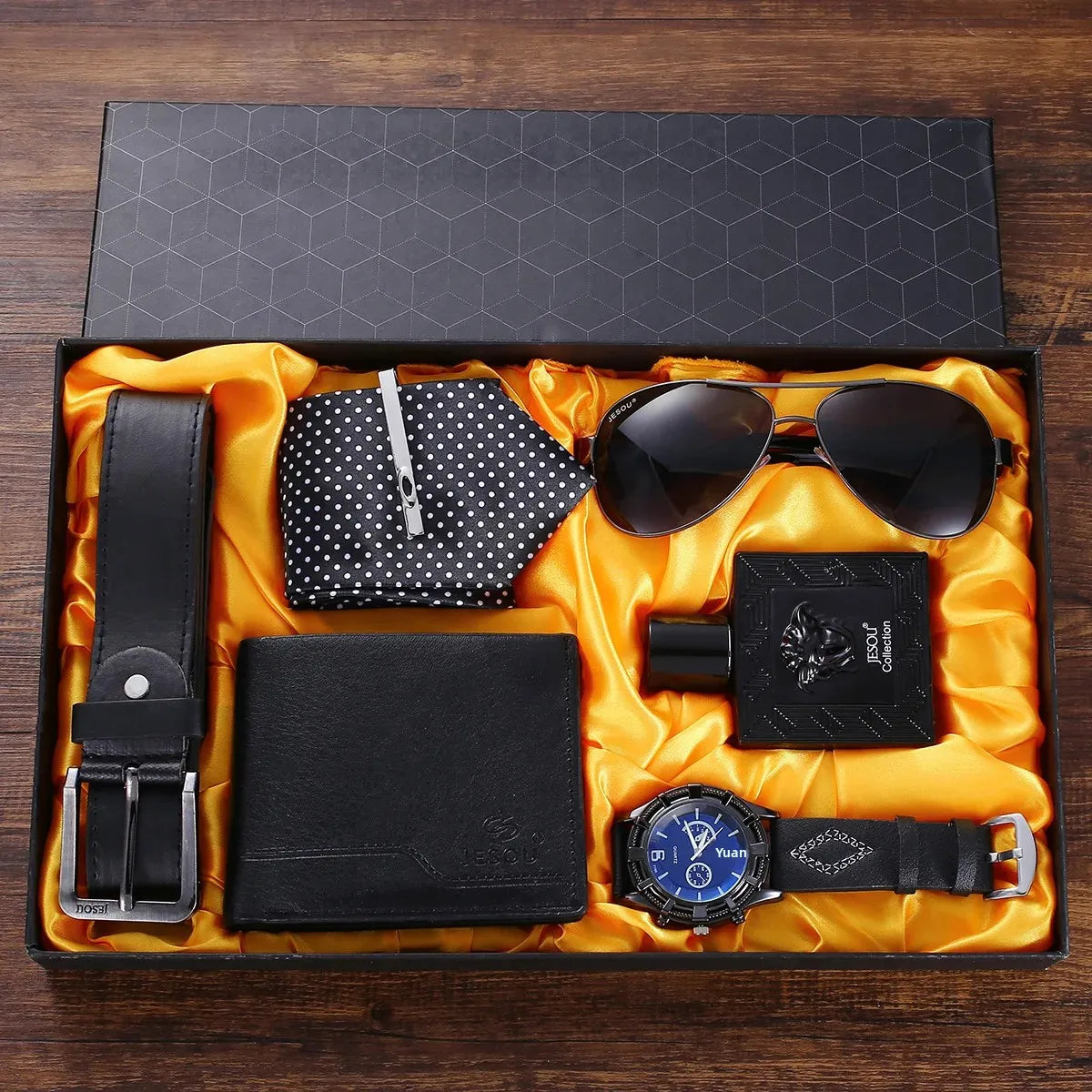 Kit Presente Masculino - 6pcs: 1 Relógio + 1 Óculos + 1 Cinto + 1 Carteira + 1 Perfume + 1 Gravata - BOLDMAN