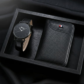 Kit Presente Masculino - 2pcs: 1 Relógio Quartzo + 1 Carteira de Couro