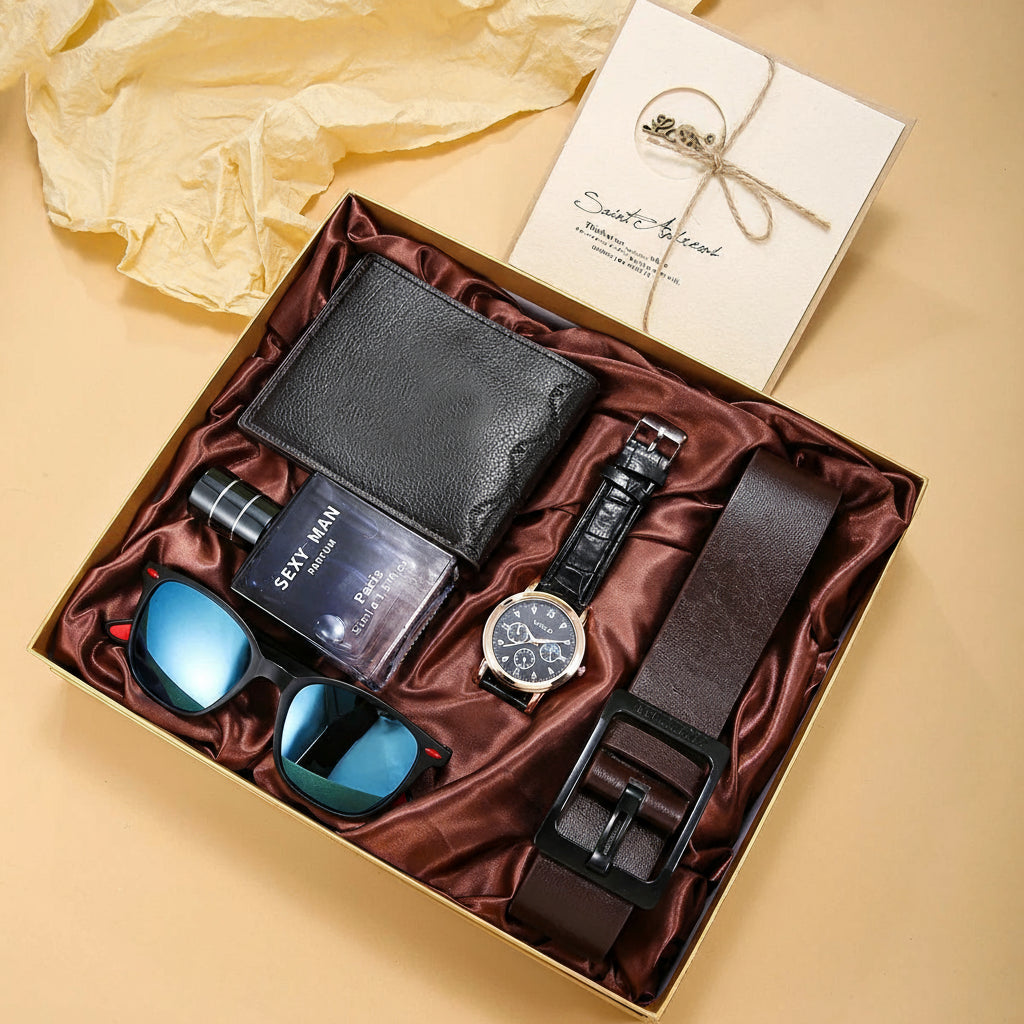 Presente de Natal BOLDMAN: Kit Masculino de Luxo de 5 Peças - Perfume + Relógio + Cinto + Carteira + Óculos