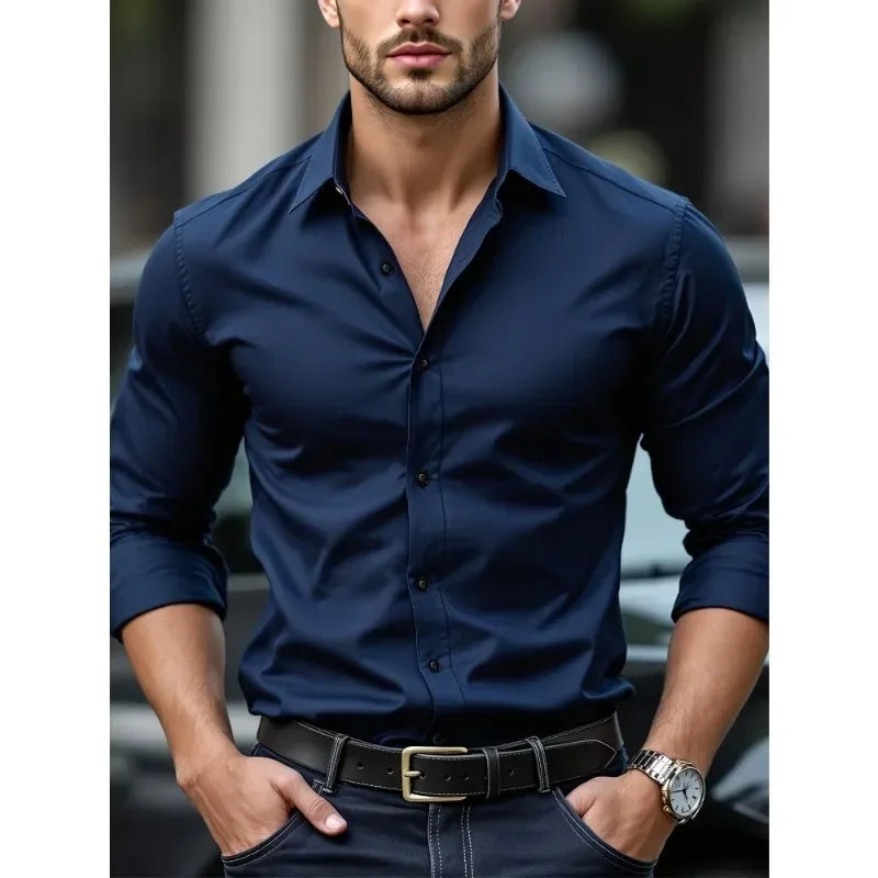Camisa Masculina 2025 Slim Fit Elegante Cor Sólida – BOLDMAN