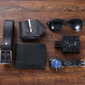 Kit Presente Masculino - 6pcs: 1 Relógio + 1 Óculos + 1 Cinto + 1 Carteira + 1 Perfume + 1 Gravata - BOLDMAN