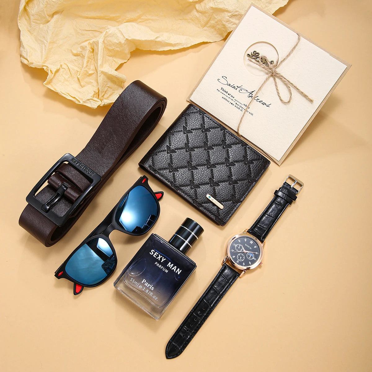 Presente de Natal BOLDMAN: Kit Masculino de Luxo de 5 Peças - Perfume + Relógio + Cinto + Carteira + Óculos