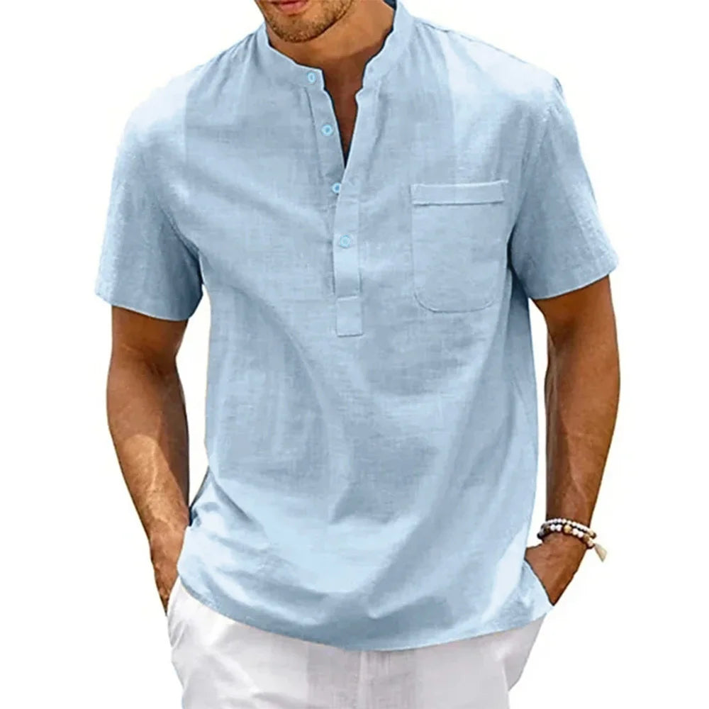 Camisa Masculina Henley de Algodão e Linho – Casual e Vintage - BOLDMAN