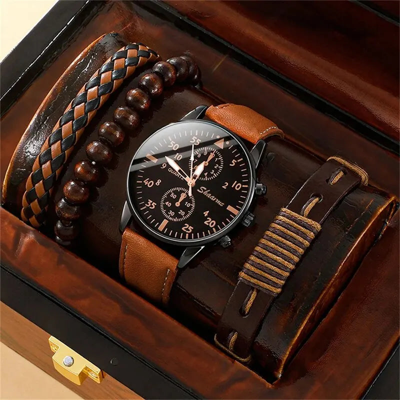 Kit Presente Masculino - 4pcs: 1 Relógio Quartzo + 3 Pulseiras de Couro/Couro Trançado - BOLDMAN