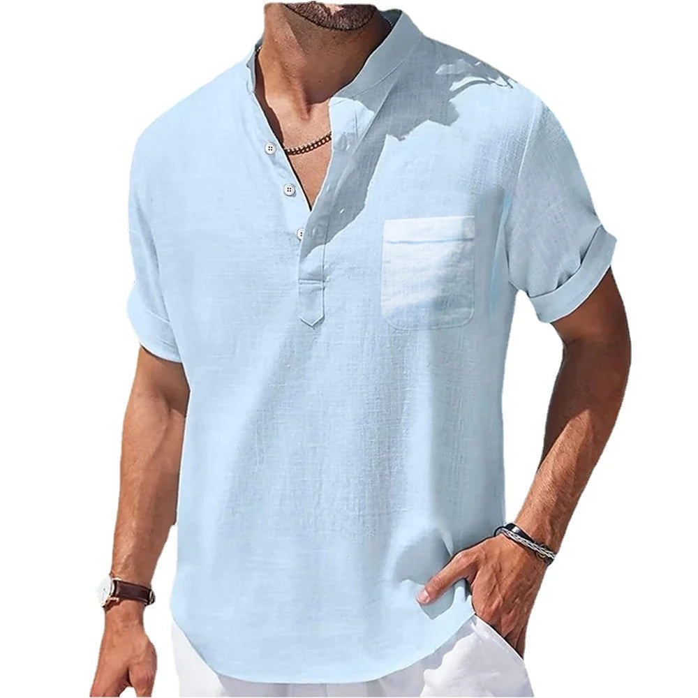 Camisa Masculina Linho | Gola Alta & Manga Curta | BOLDMAN