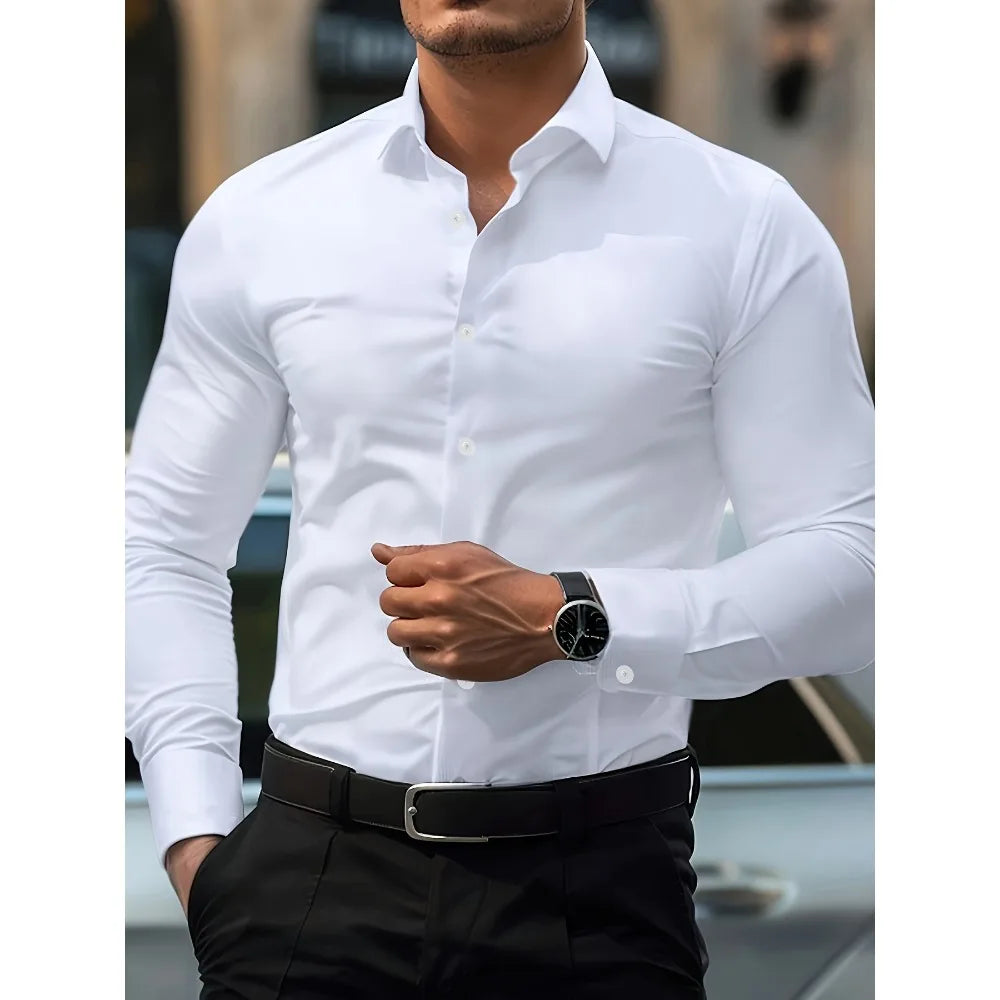 Camisa Masculina 2025 Slim Fit Elegante Cor Sólida – BOLDMAN