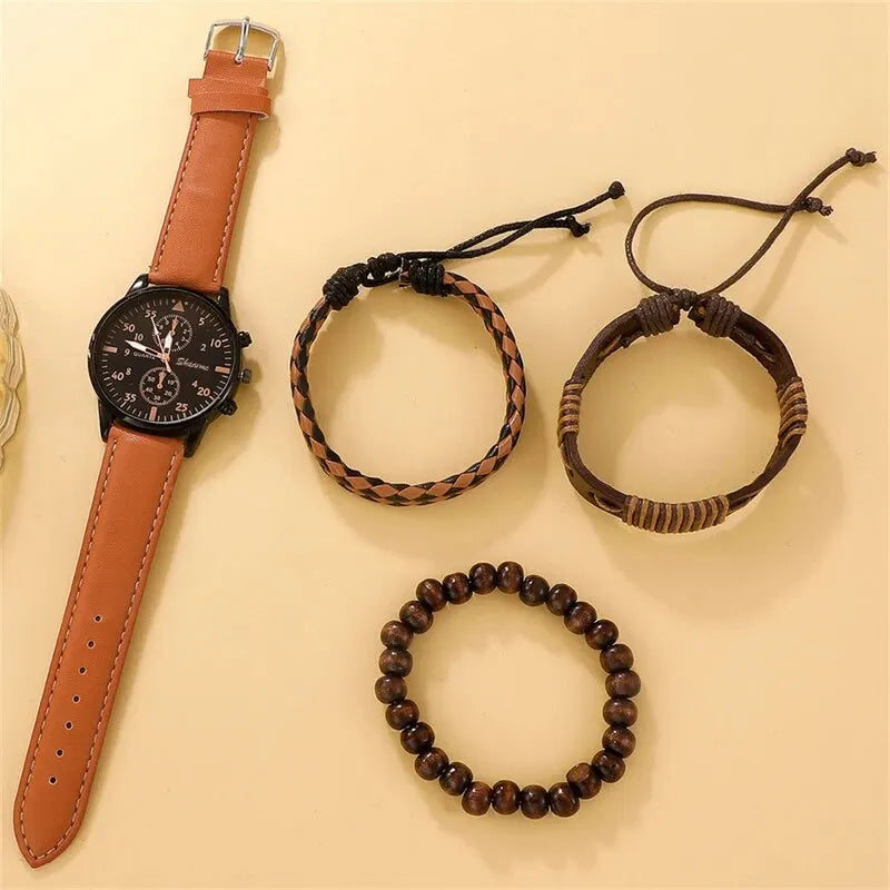 Kit Presente Masculino - 4pcs: 1 Relógio Quartzo + 3 Pulseiras de Couro/Couro Trançado - BOLDMAN