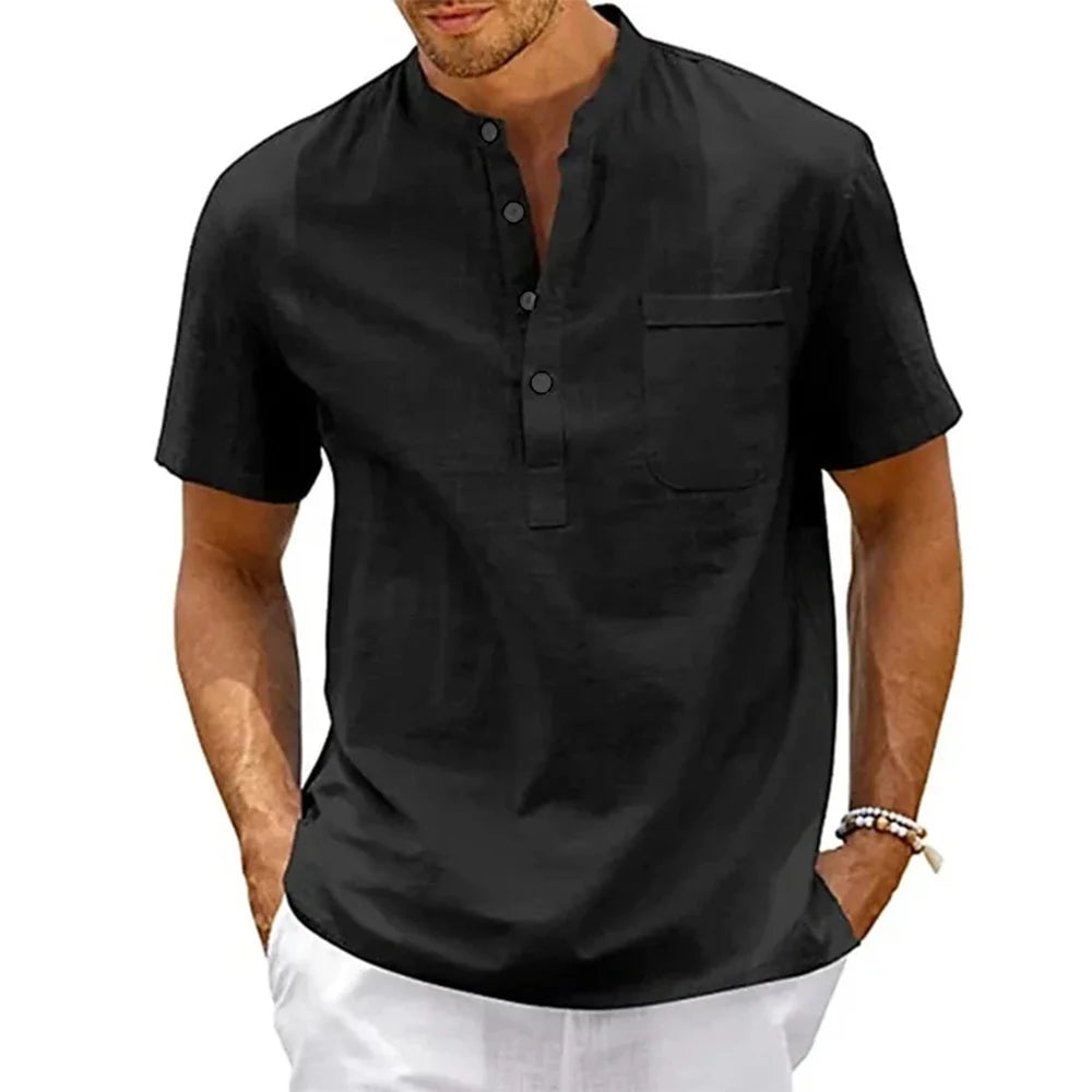 Camisa Masculina Henley de Algodão e Linho – Casual e Vintage - BOLDMAN