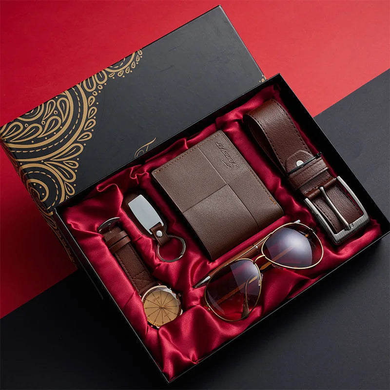 Kit Presente Masculino - 6pcs: 1 Relógio + 1 Cinto + 1 Carteira + 1 Óculos + 1 Chaveiro + 1 Caneta