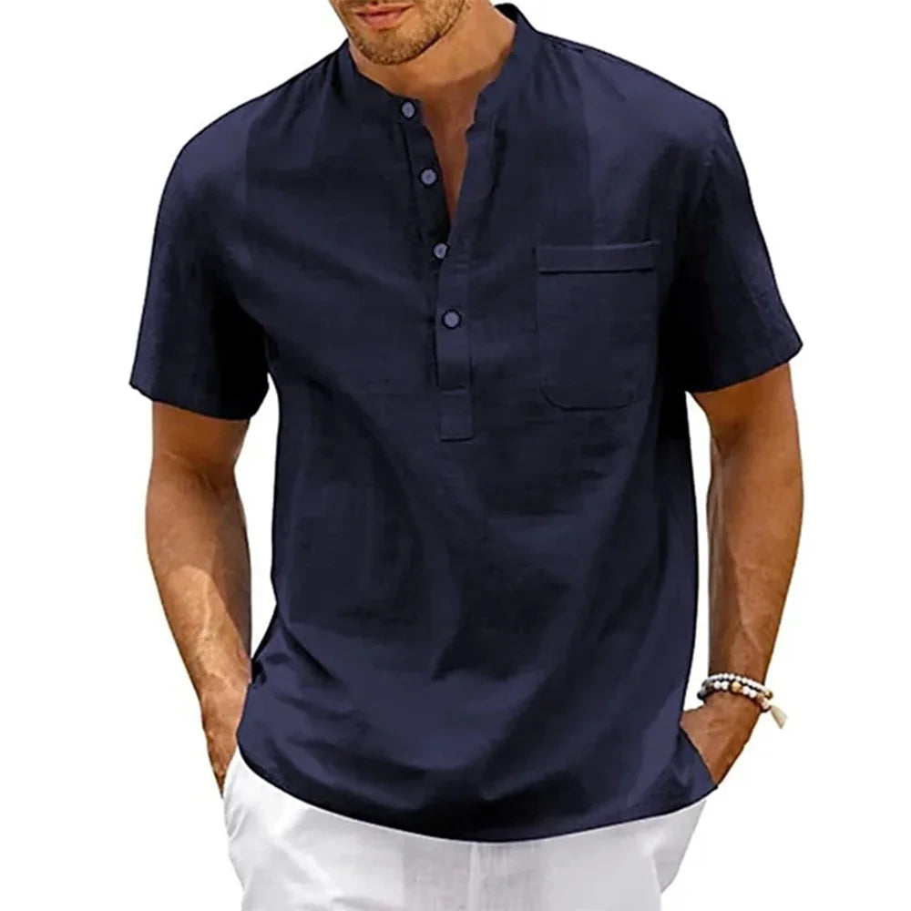 Camisa Masculina Henley de Algodão e Linho – Casual e Vintage - BOLDMAN