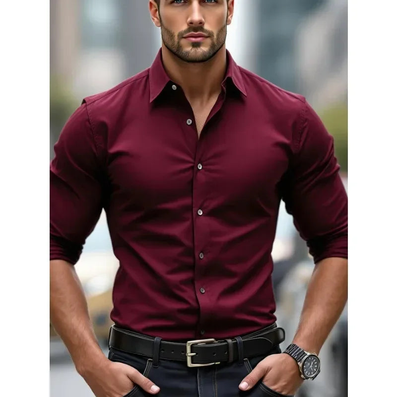 Camisa Masculina 2025 Slim Fit Elegante Cor Sólida – BOLDMAN