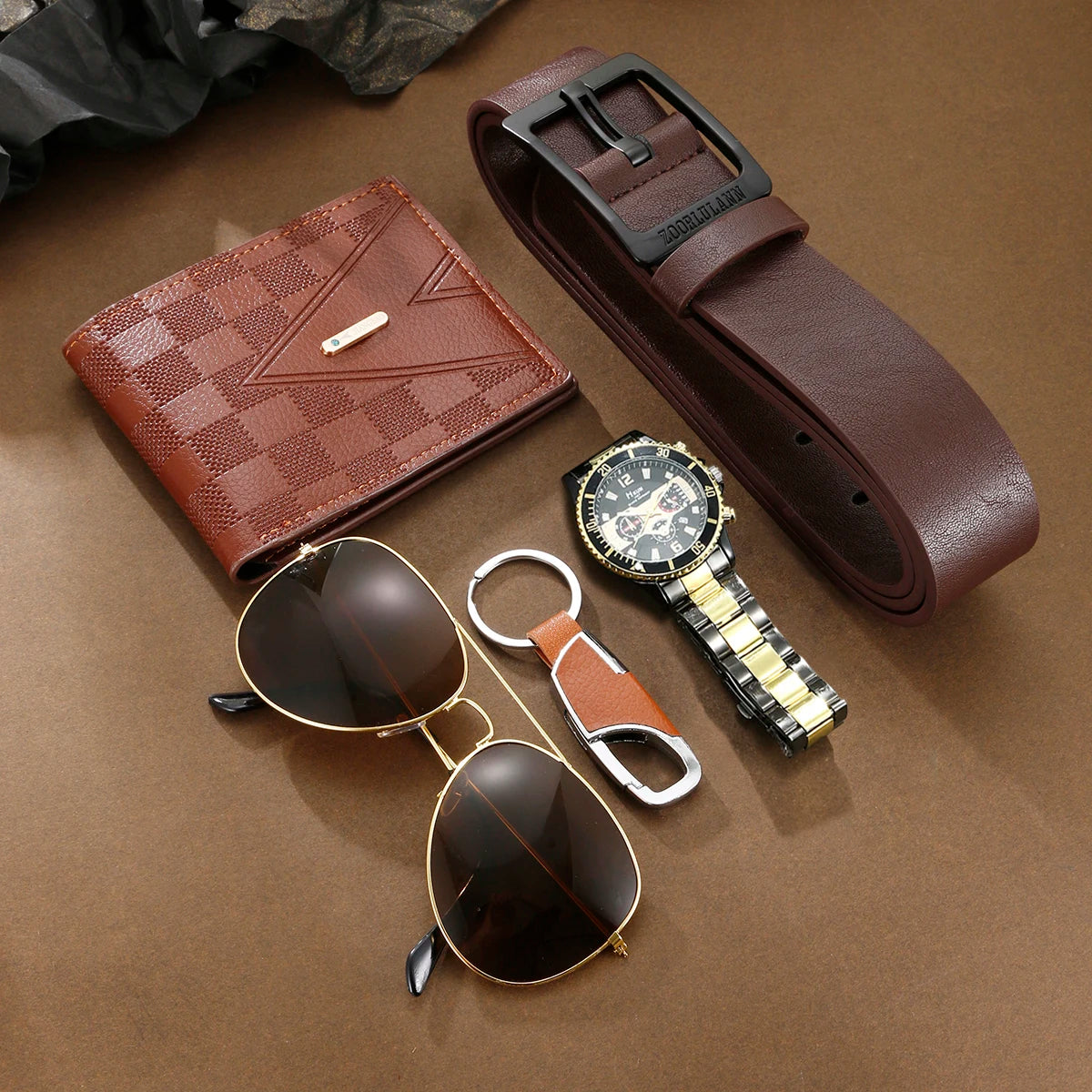 Kit Presente Masculino - 5pcs: 1 Relógio Quartzo (Estilo Mecânico) + Acessórios - BOLDMAN