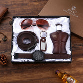 Kit Presente Masculino - 5pcs: 1 Relógio Quartzo + 1 Cinto + 1 Perfume + 1 Óculos + 1 Chaveiro
