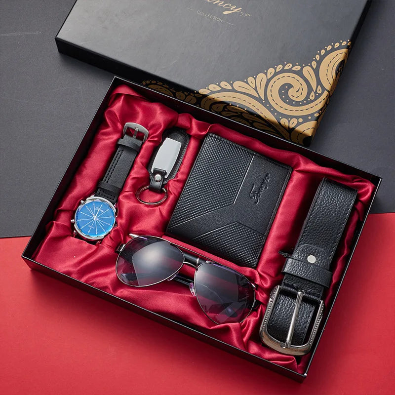 Kit Presente Masculino - 6pcs: 1 Relógio + 1 Cinto + 1 Carteira + 1 Óculos + 1 Chaveiro + 1 Caneta