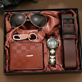 Kit Presente Masculino - 5pcs: 1 Relógio Quartzo (Estilo Mecânico) + Acessórios - BOLDMAN