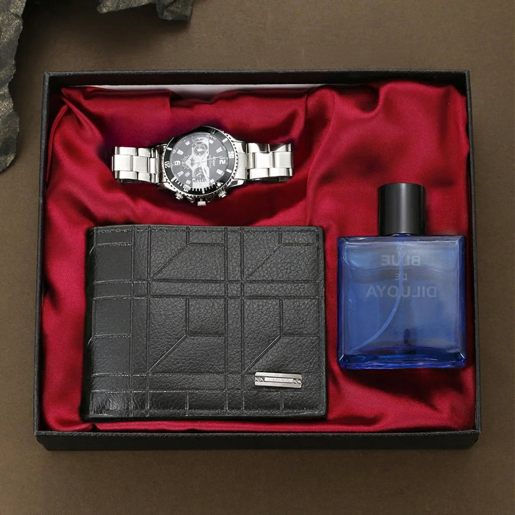 Kit Presente Masculino - 3pcs: 1 Relógio de Aço + 1 Cinto + 1 Perfume - BOLDMAN