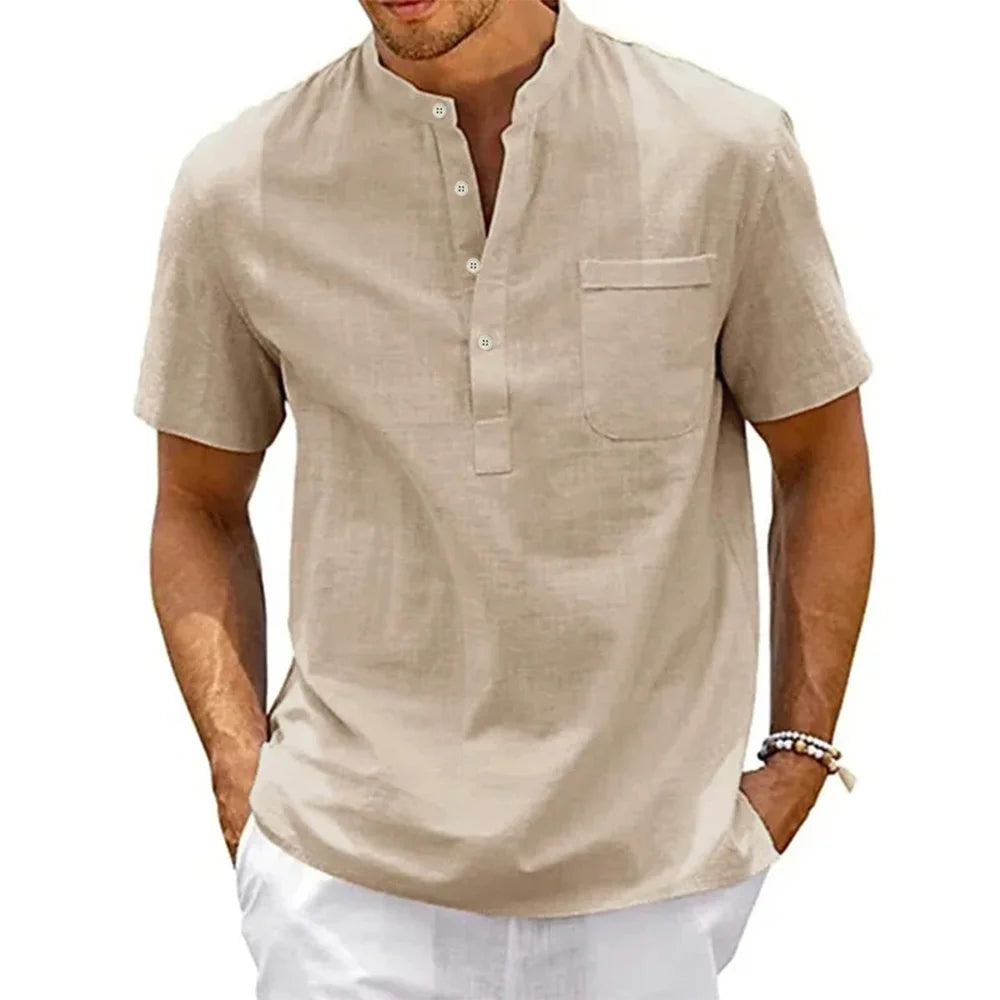 Camisa Masculina Henley de Algodão e Linho – Casual e Vintage - BOLDMAN